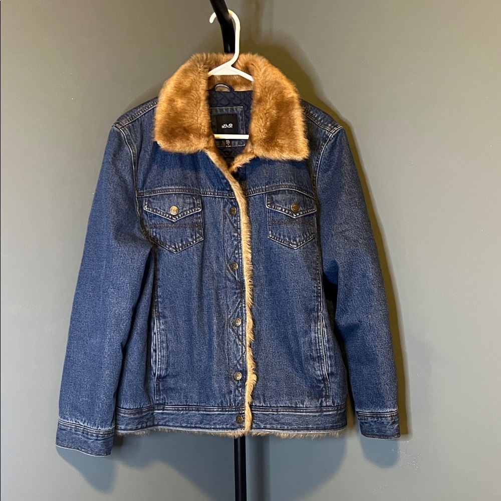 Women's Blue Denim Jacket with Faux Fur Collar